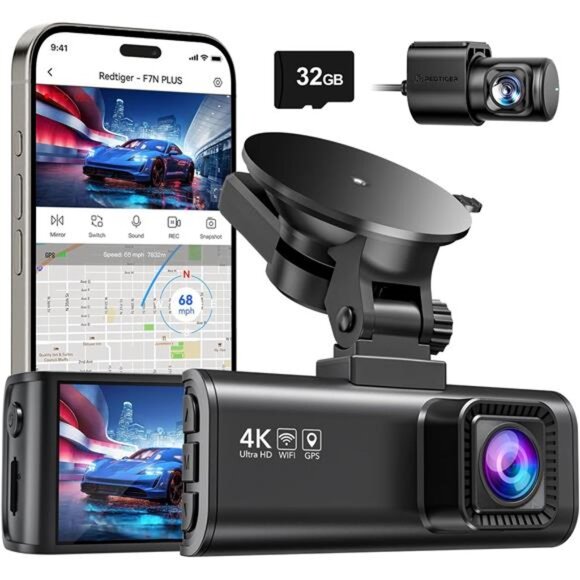 Dash Cam Front Rear, 4K/2.5K Full HD Dash Camera for Cars, Included 32GB Card - Picture 1 of 7